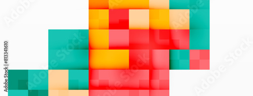 Colorfulness shines through in this pixel art featuring a symmetrical pattern of red, yellow, and green squares on a white background. Tints of magenta and electric blue add to the vibrant display