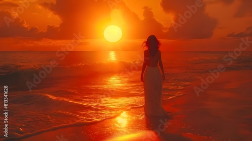 A woman is walking by the sea at sunset