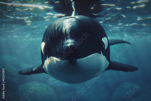 A sleek black and white orca gracefully swims through the blue ocean water