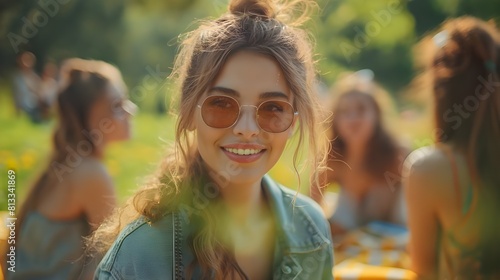 Three friends enjoying an outdoor picnic selfie