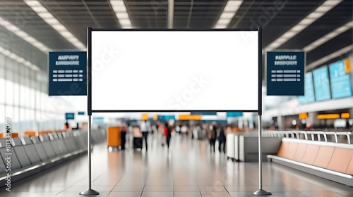 A mockup poster empty, stands within an airport setting , blurred background , showcasing a wide banner design featuring ample blank .space for your content design.