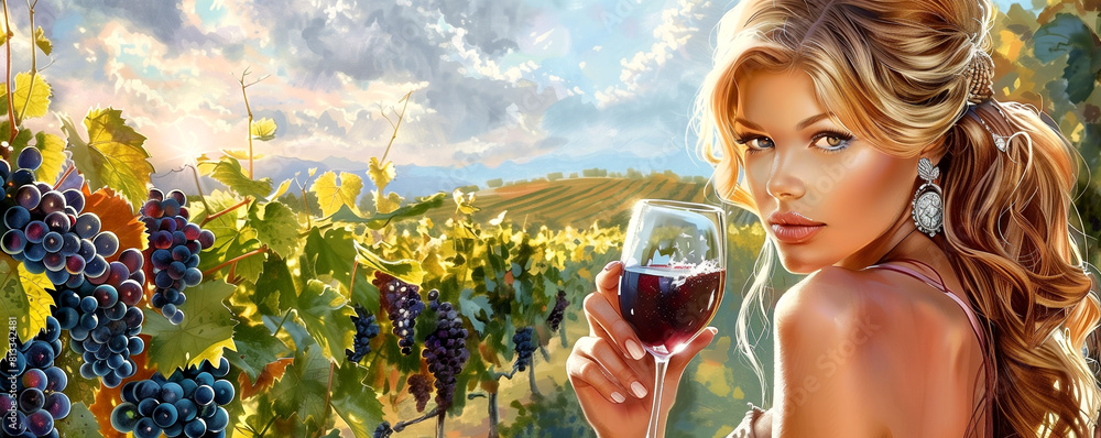 Fototapeta premium A woman with a glass of wine among flowers in a vineyard, under a cloudy sky