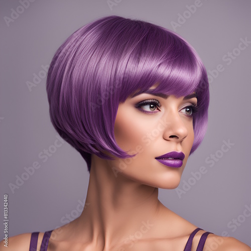 A close up of a woman with a purple hair and purple lipstick generative ai
