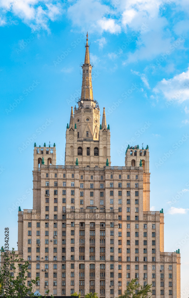 The view on the residential Stalinist high-rise building on Kudrinskaya Square. It is the one of seven Stalinist skyscrapers built in 1947-1954.