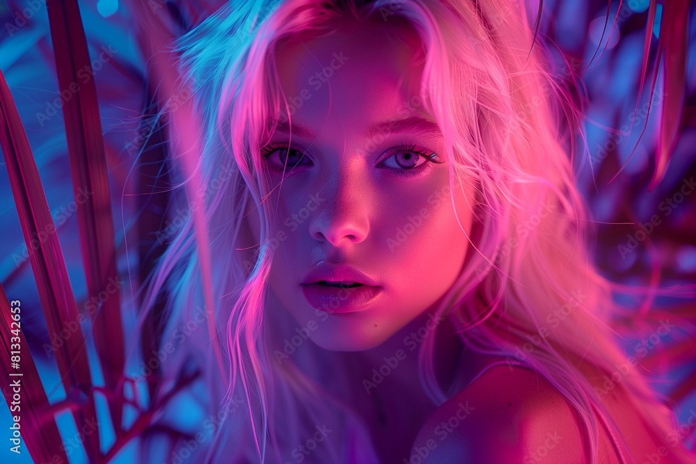 a close up of a woman s face in a neon light a close up of a woman s face in a neon light