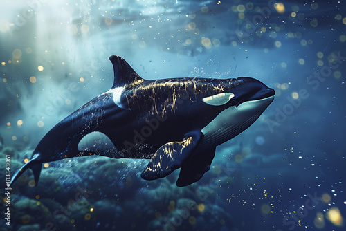 Deep blue aquarium with colorful fish and a swimming orca