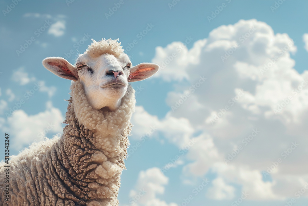 Fototapeta premium Eid ul Adha with sheeps against a sky blue background adorned with clean clouds, Eid Mubarak
