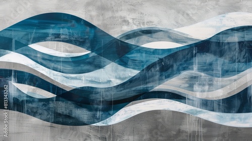 An abstract painting featuring waves in shades of blue and white on a gray background