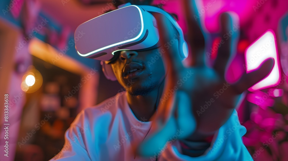 Obraz premium African boy feels happy playing with VR glasses