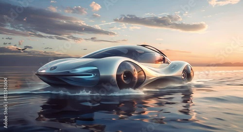 An Advertisement Cars that can be driven on water in water on roads in water, will look futuristic more than 500 years from now. add the required text to add photo