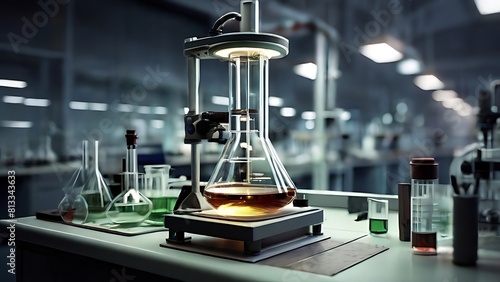 Stainless steel laboratory equipment, including a microscope, sits on a table in a bright, white laboratory room photo