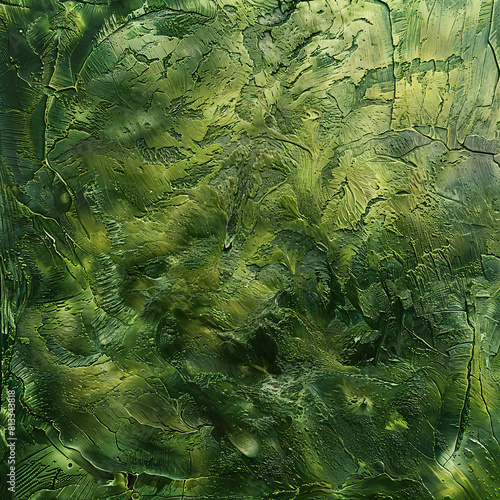 Abstract cose-up of a textured green painting. The texture is created by thick brushstrokes and appears to be in shades of green. There are also cracks visible in the paint.