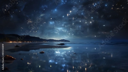 Night Sky Over Ocean with Moon, Stars, and Clouds Reflecting in the Water