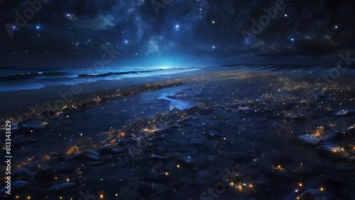 Night Sky Over Ocean with Moon  Stars  and Clouds Reflecting in the Water