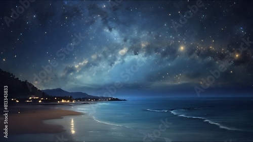 Night Sky Over Ocean with Moon  Stars  and Clouds Reflecting in the Water