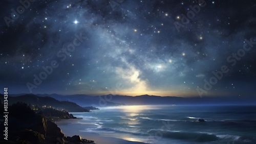 Night Sky Over Ocean with Moon, Stars, and Clouds Reflecting in the Water © VFX1988