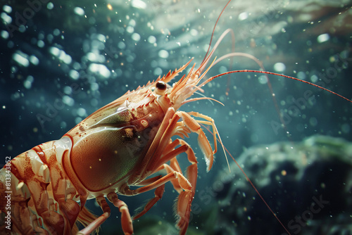Underwater closeup of a shrimp with claws in an aquarium