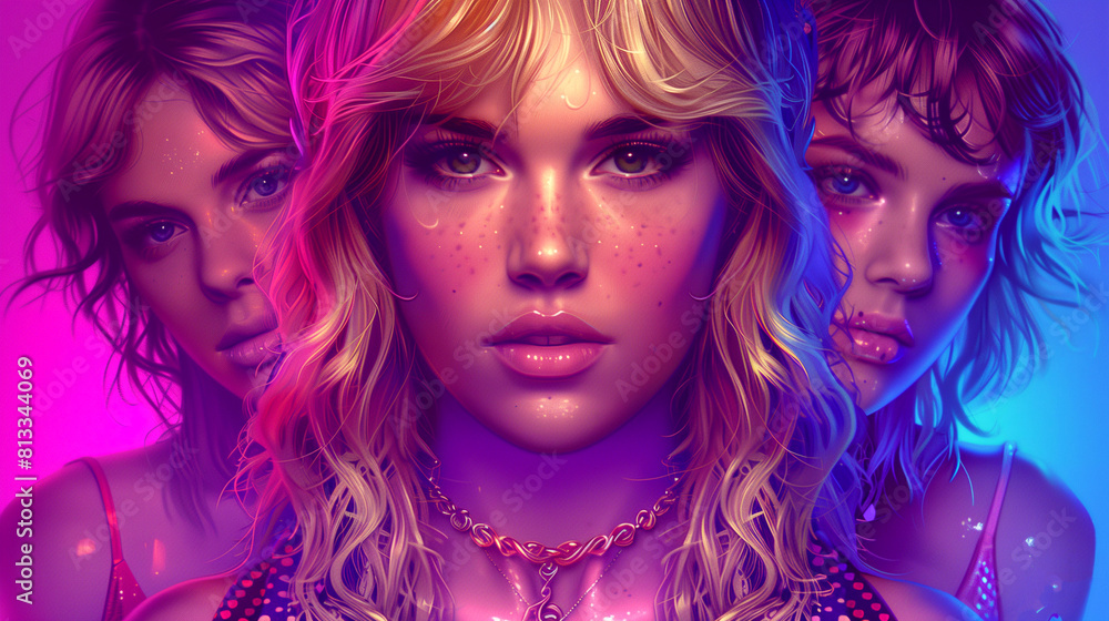 Naklejka premium A girl with long blonde hair is the center of a triptych of three girls