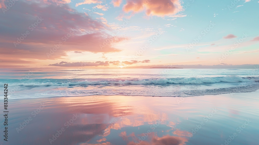 Fototapeta premium A tranquil beach scene at sunset, with calm waters and a colorful sky, symbolizes peace and serenity.