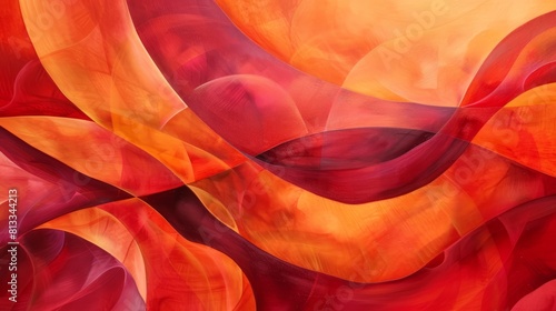Abstract painting featuring bold waves in shades of red and orange on a wave background