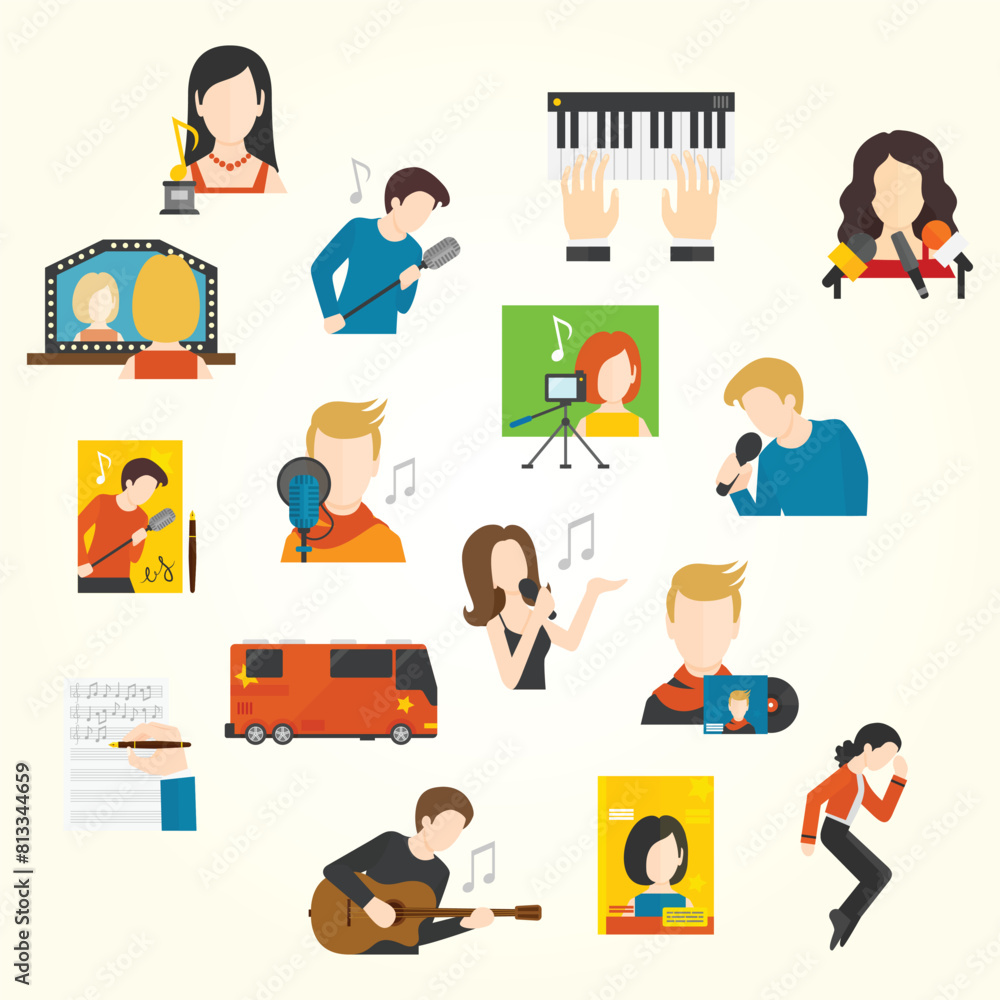 pop singer flat icons set pop singer flat icons set