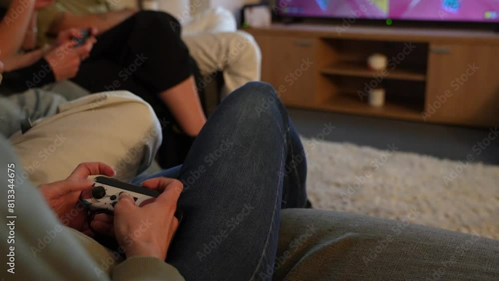 People At Home Playing Video Games With Nintendo Switch. cropped shot, static