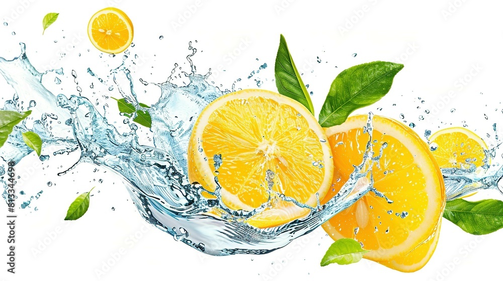 Savoring Summer: Lemon Splash Isolated with Water and Leaves Savoring Summer: Lemon Splash Isolated with Water and Leaves