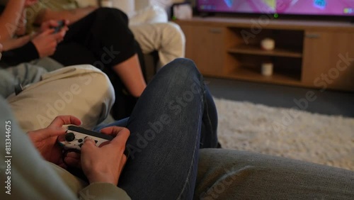 People At Home Playing Video Games With Nintendo Switch. cropped shot, static