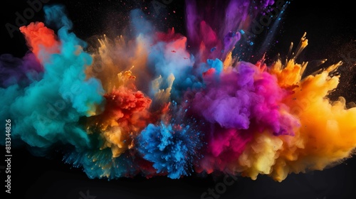 colorful powder explosion isolated on Black background. Generative ai