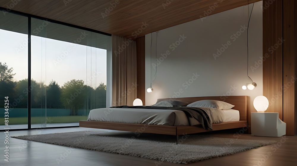 Spacious modern bedroom with plush sofa and light walls offers a comfortable indoor haven