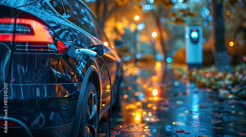 EV Car or Electric vehicle at charging station with the power cable supply plugged in on blurred nature with blue enegy power effect, Eco-friendly sustainable energy concept