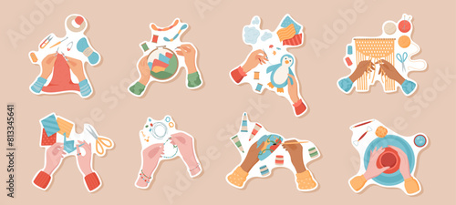Colorful isolated hands making handcraft activity sticker set, handicraft craftwork top view abstract label pack, handmade DIY craft children hobby vector illustration, creative art group concept.