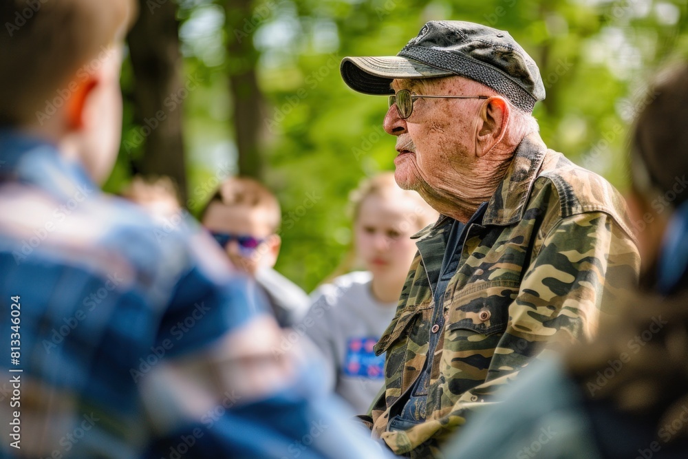 An elderly Caucasian male veteran shares stories with young children, depicting a moment of cultural transmission and education.
