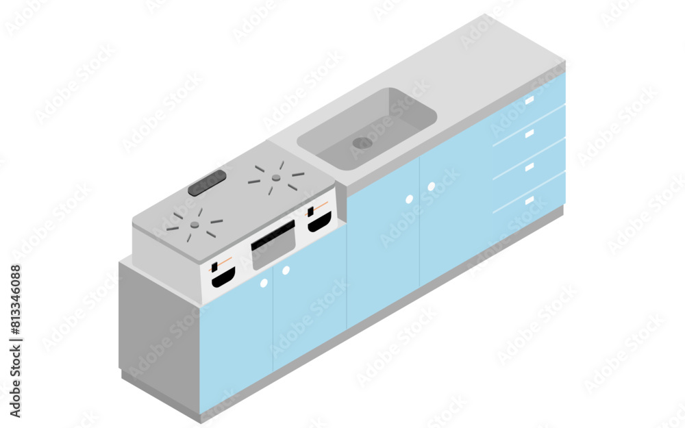 Gas stove and kitchen, isometric illustration Gas stove and kitchen, isometric illustration