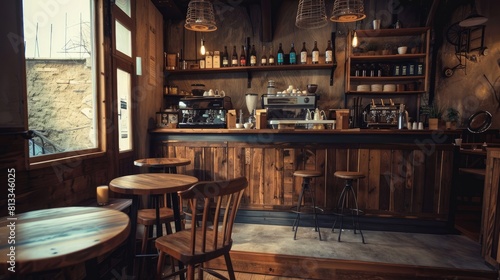 Interior design of cafe with wooden vintage style  decorated with warm and cozy tones  