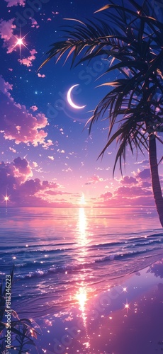 A light blue sea, pink clouds in the sky, glowing stars and crescent moon, fantasy style, cartoon background, anime aesthetic style, pink purple tone, top view, wideangle lens, sparkling water reflect photo