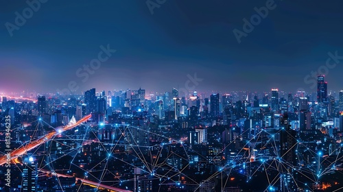 Smart network and connection technology concept city background at night panorama view
