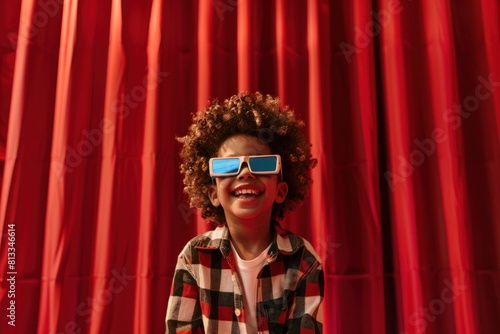Positive African American boy with curly hair and a wide smile, wearing red 3D glasses, against a red curtain background.