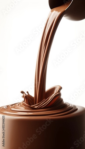 Elegant vertical image of liquid milk chocolate flowing smoothly from top to bottom, isolated on a white background.