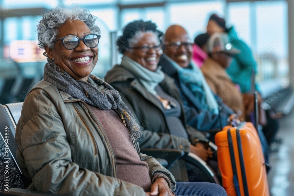 Senior African American women laughing joyfully in an airport with bright luggage. Senior African American women laughing joyfully in an airport with bright luggage.