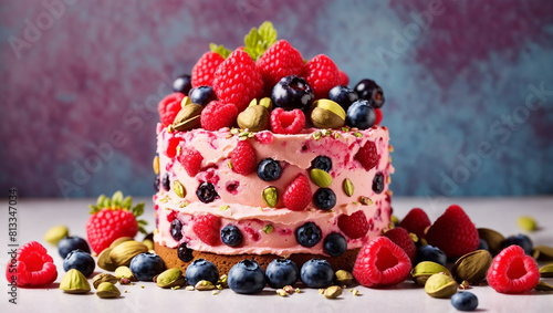 a cake decorated with raspberries  blueberries  and pistachios.