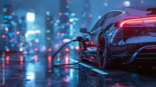 Energy EV car concept  Futuristic hybrid vehicle charge battery electric on station blur cityscape on panoramic banner blue background with icon illustration environment friendly  green eco technology