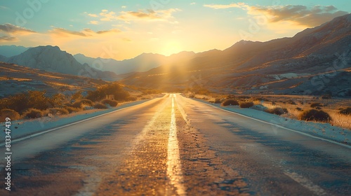 Empty long mountain road to the horizon on a sunny summer day at bright sunset - speed motion blur effect