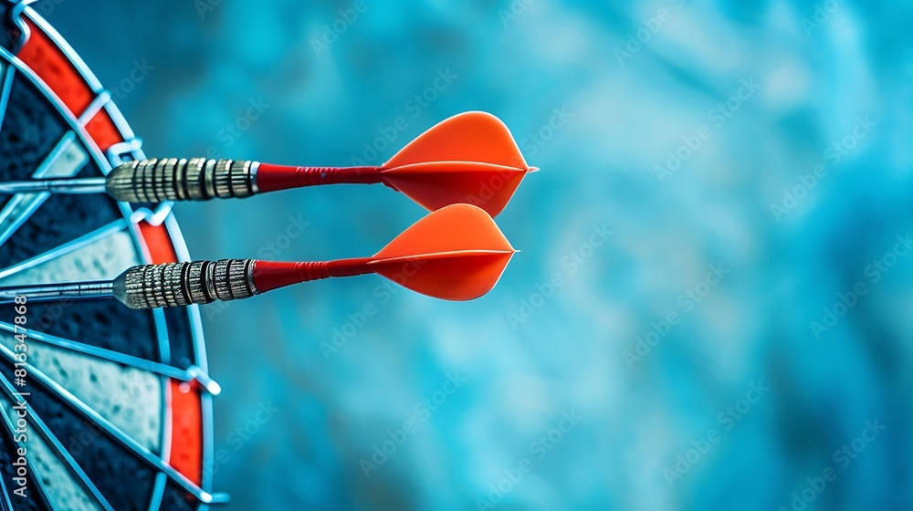 Three darts hitting a red target on the center on blue background Three darts hitting a red target on the center on blue background