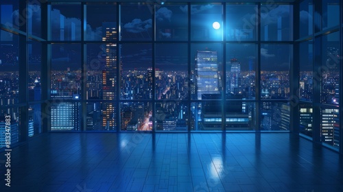 Modern urban skyscraper landscape seen through indoor windows at night photo