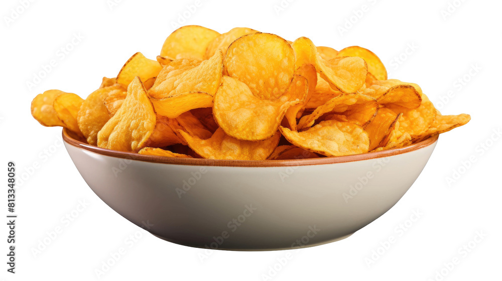 side view of a snack bowl of potato chips party food, crispy nibbles isolated on background. side view of a snack bowl of potato chips party food, crispy nibbles isolated on background.