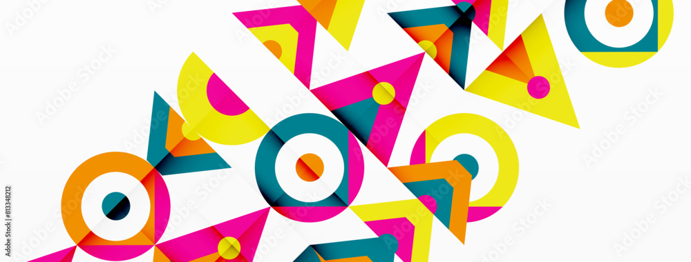 A vibrant composition of colorful triangles and circles on a white background, creating a visually appealing pattern with symmetry and creative arts A vibrant composition of colorful triangles and circles on a white background, creating a visually appealing pattern with symmetry and creative arts