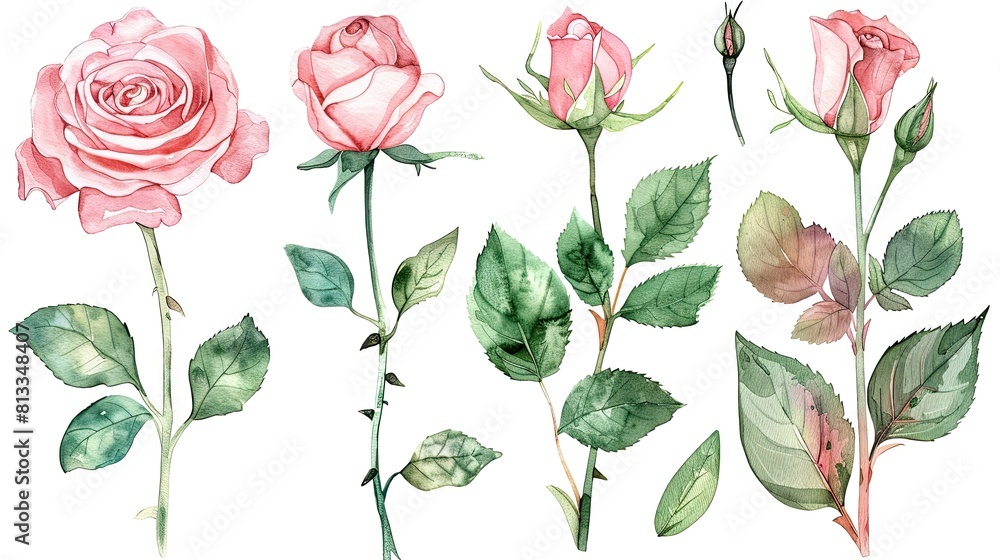 flower and leaves with watercolor assets on a white background,flower and nature motifs flower and leaves with watercolor assets on a white background,flower and nature motifs