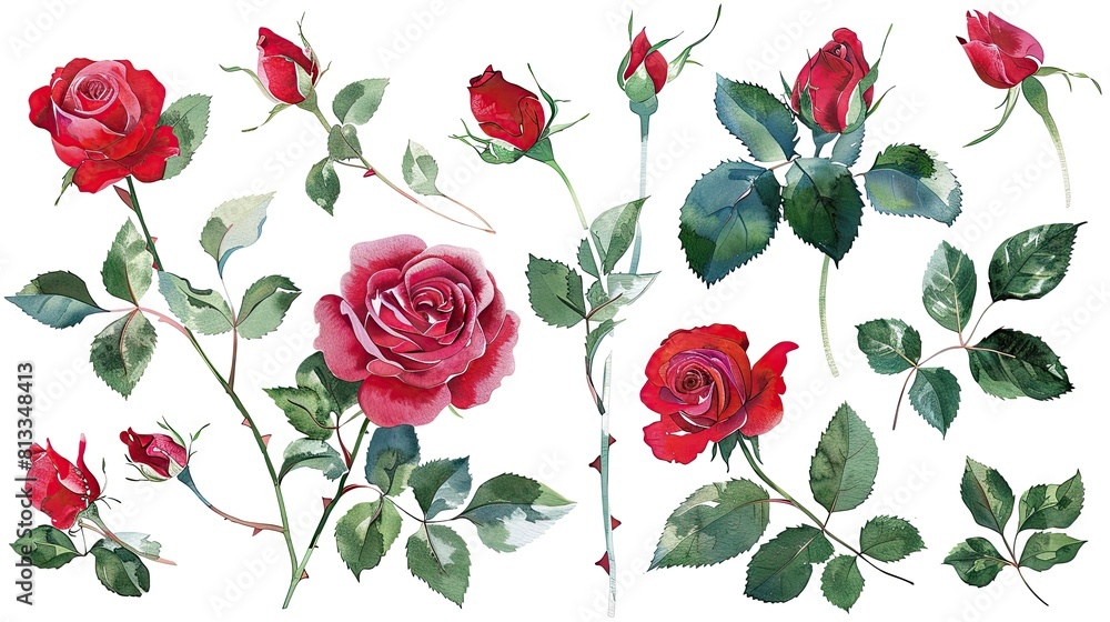 flower and leaves with watercolor assets on a white background,flower and nature motifs flower and leaves with watercolor assets on a white background,flower and nature motifs