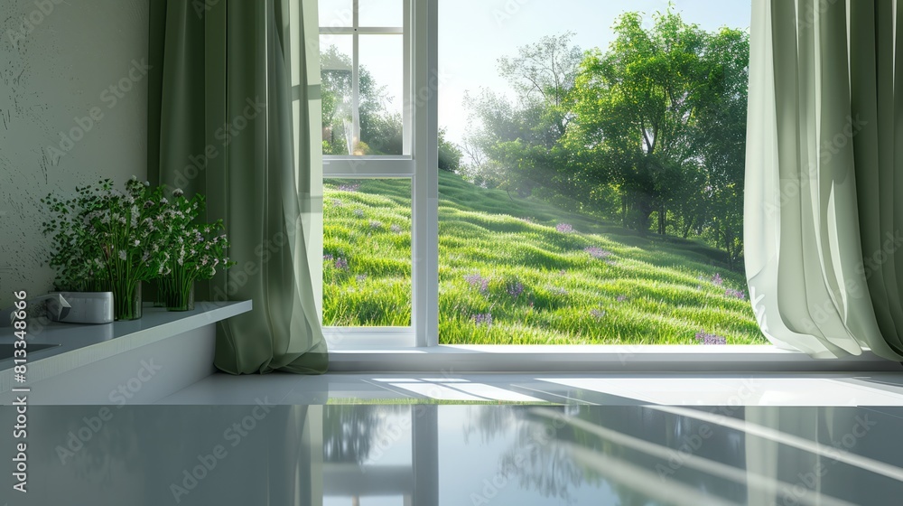 A room with green grass outside the window A room with green grass outside the window